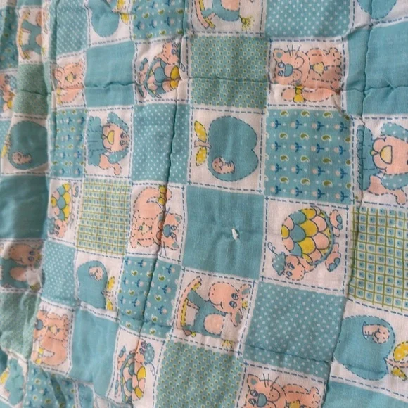 Vintage Turtles Cats Apples Dogs Baby Blanket Blue Pink White embroidered bunny
